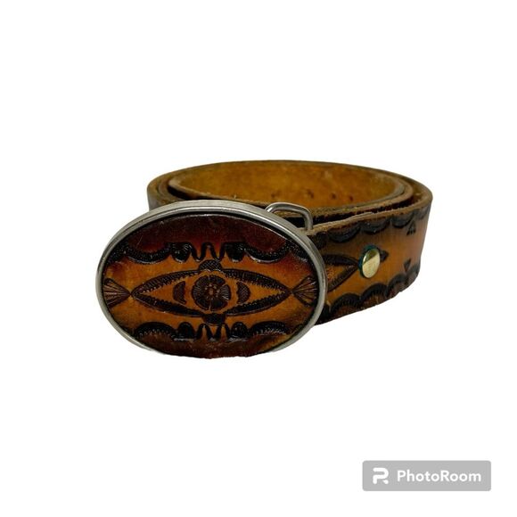 Hand Tooled Leather Belt Southwestern Native Cowboy Handmade Handcrafted Brown - Picture 1 of 10